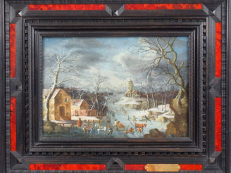 Vente aux enchères Dans le goût de BREDAEL. "Patineurs et traîneaux sur une rivière gelée