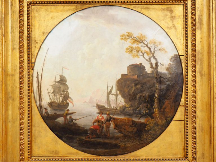 Ecole française début XIXème. "Marine" Huile sur papier en tondo. Diam