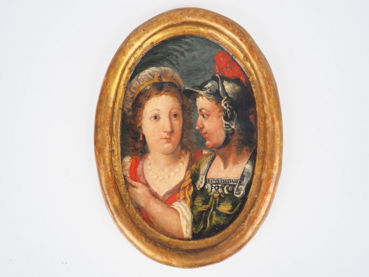 Ecole française début XIXème. "personnages en médaillon" Huile sur pan