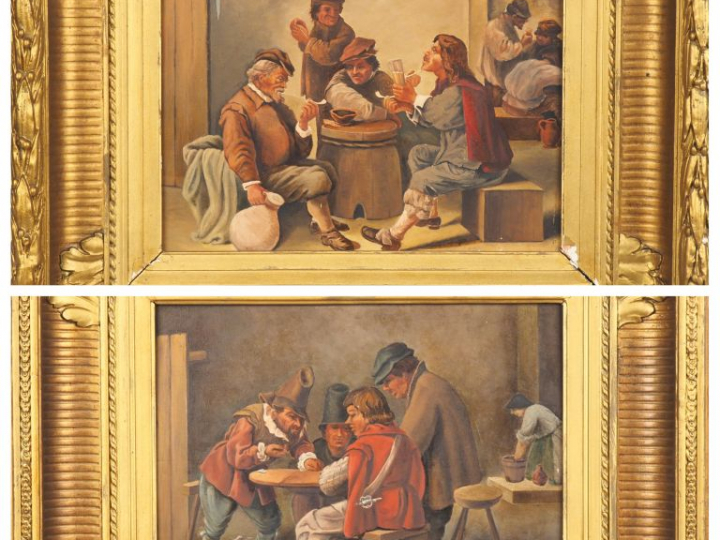 Ecole française XIXème. "scène de taverne" Paire d'huiles sur panneau 