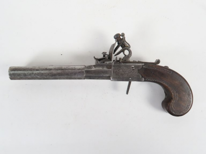Beau et grand pistolet de défense à silex et à coffre de 230 mm de lon