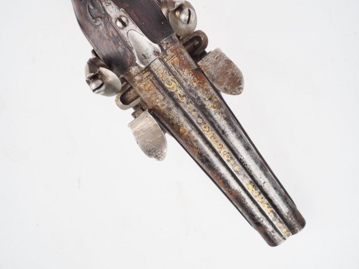 Pistolet de voyage à silex de 300 mm de long monté fer, canons en tabl