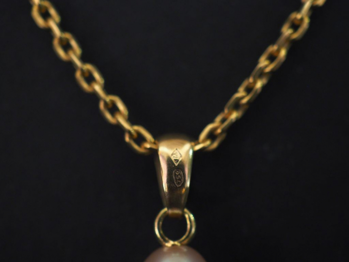 Chaine en or jaune, maille forçat, et son pendentif en or jaune et per