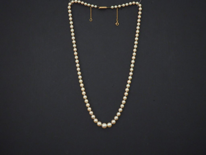 Collier de perles blanches disposées en chute.  Fermoir en or jaune, à