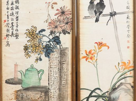 Chine, XXe siècle,  Deux peintures à l’encre et couleurs sur papier à 