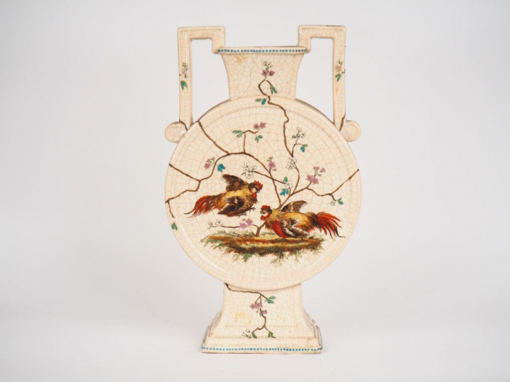 Vase à anses début XXème en céramique craquelée à décor émaillé et pol