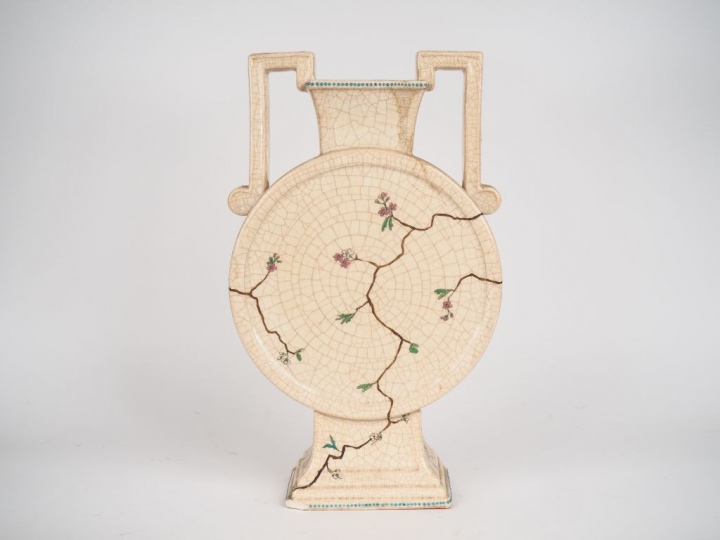 Vase à anses début XXème en céramique craquelée à décor émaillé et pol