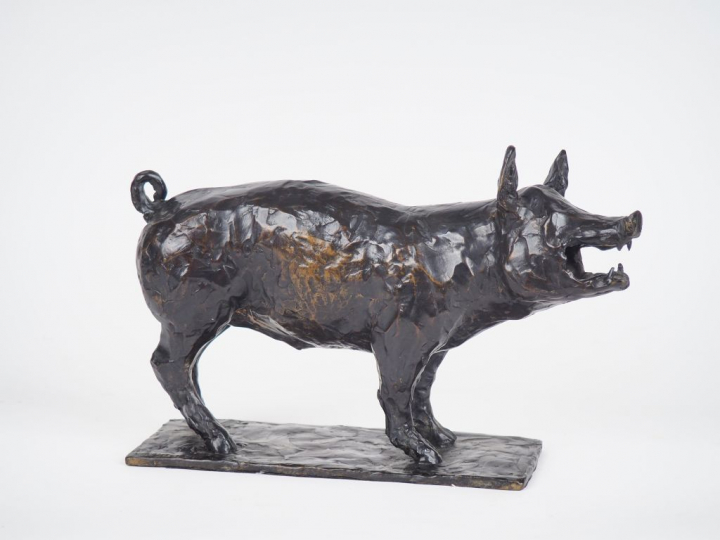 Laurent FRONTERE. "Cochon". Sculpture en bronze à patine brune. Signée
