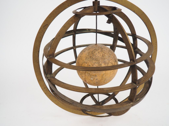 A. H. DUFOUR. Sphère armiliaire XIXème en bois et laiton. Signé et dat