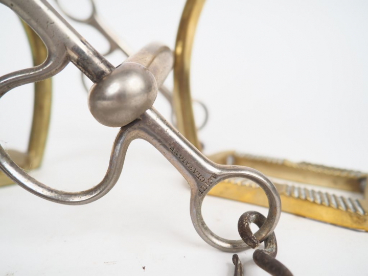 Paire d'étriers en bronze et un mors en métal.