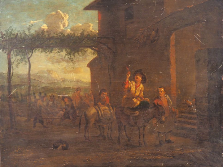 Ecole française XIXème. "les buveurs".  Huile sur panneau Dim. 36 x 45