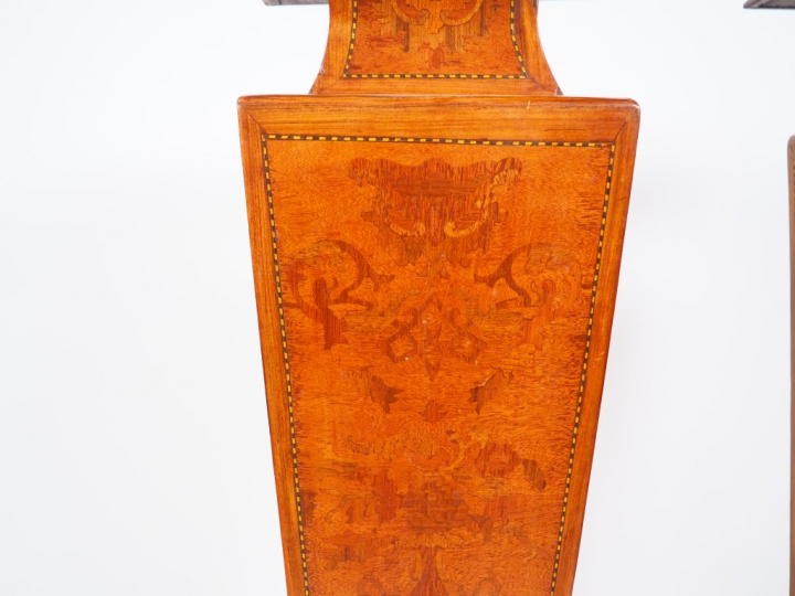 Paire de sellettes 1900 de style Louis XVI en marqueterie à décor de b