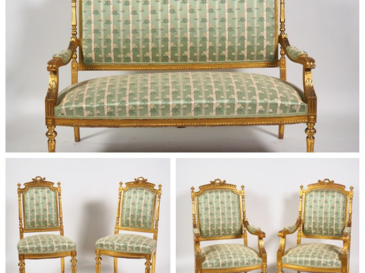 Salon Napoléon III de style Louis XVI en bois doré mouluré et sculpté,