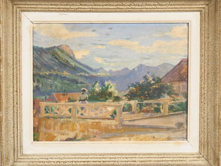 CORNILLIER.  "Vue de la terrasse".  Huile sur panneau signée en bas à 