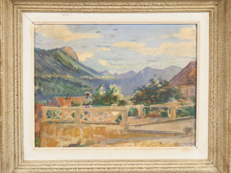 Vente aux enchères CORNILLIER.  "Vue de la terrasse".  Huile sur panneau signée en bas à 