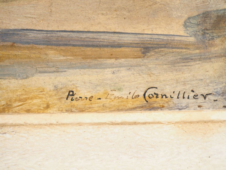 CORNILLIER.  "Vue de la terrasse".  Huile sur panneau signée en bas à 