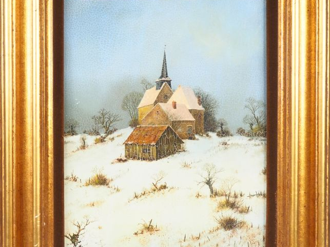 	A.DRACHKOVITH. "Eglise sous la neige". Huile sur panneau, signée en b