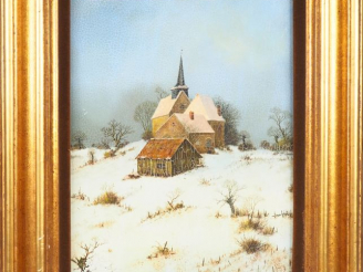 Vente aux enchères 	A.DRACHKOVITH. "Eglise sous la neige". Huile sur panneau, signée en b