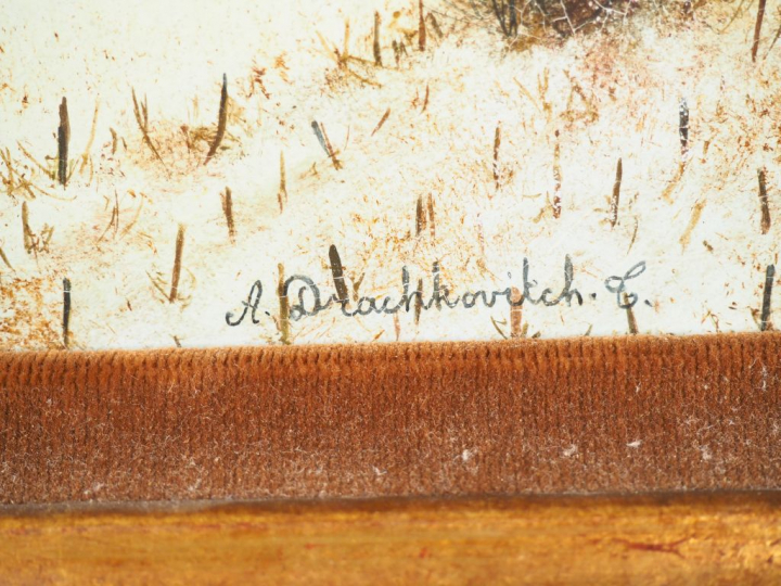 	A.DRACHKOVITH. "Eglise sous la neige". Huile sur panneau, signée en b