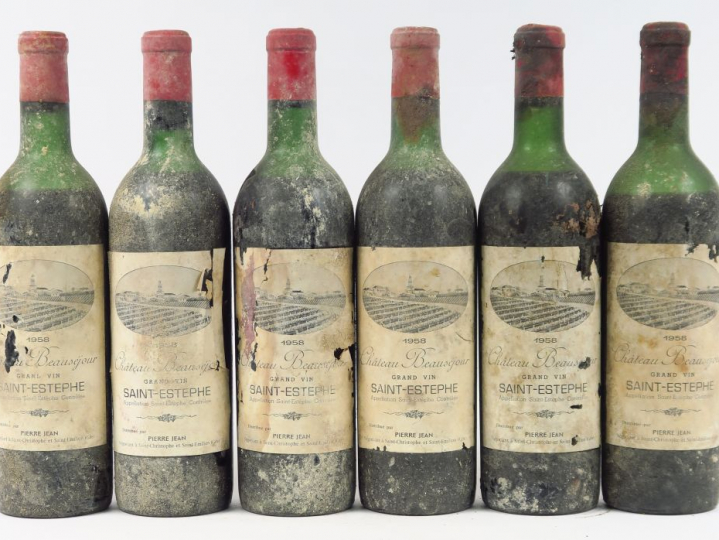 6 BOUTEILLES CHÂTEAU BEAUSEJOUR ST ESTEPHE  - 1958 - 5 MEP/1 BEP/EA/BS