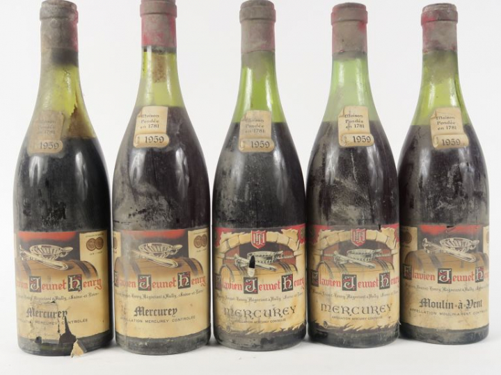 5 BOUTEILLES FLAVIEN JEUNET HENRY 1959 : 1 MOULIN A VENT 6 CM - 4 MERC