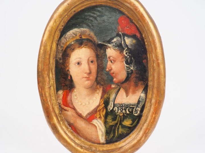 Ecole française vers 1620  "femme au collier de perles et femme casqué