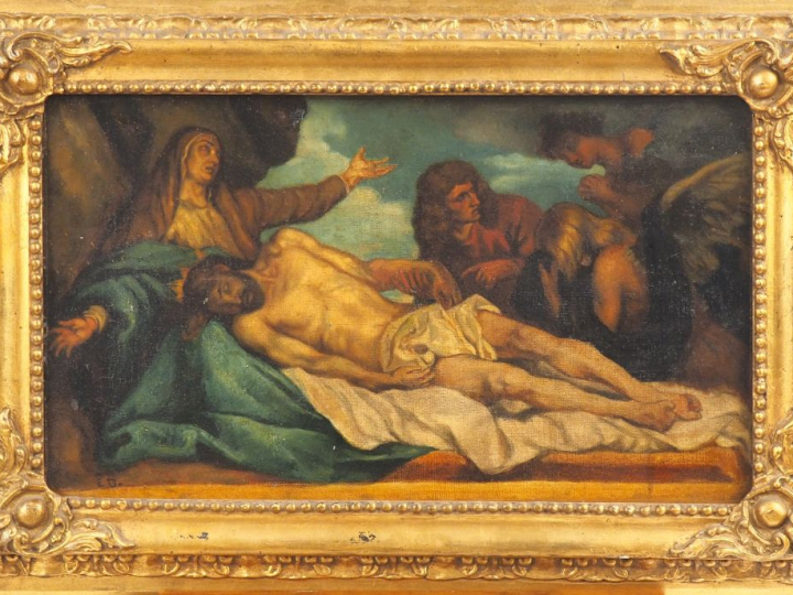 Ecole française XIXème d'après Van DYCK. "La déposition du christ". Hu