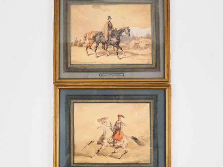 Edouard SWEBACH. "Cavaliers". 2 aquarelles signées en bas à gauche et 
