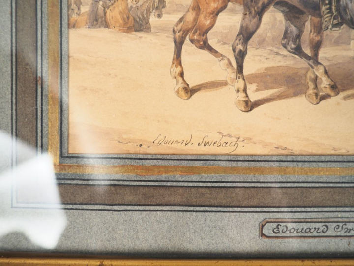 Edouard SWEBACH. "Cavaliers". 2 aquarelles signées en bas à gauche et 
