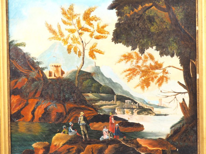 Ecole française début XIXème. "Pêcheurs dans un paysage". Huile sur to