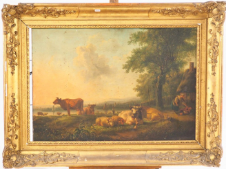 Vente aux enchères Ecole française XIXème. "Animaux et paysans". Huile sur panneau. Dim. 