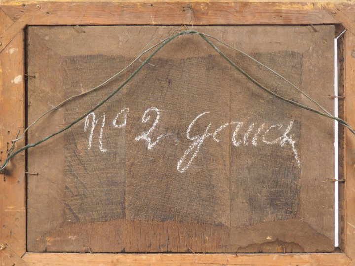 Ecole française XIXème. "Animaux et paysans". Huile sur panneau. Dim. 