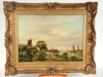 Vente aux enchères Ecole hollandaise XIXème. 'Paysage fluvial animé'.  Huile sur toile.  