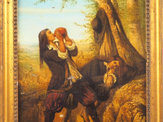 Vente aux enchères Ecole française XIXème. "Les buveurs". Huile sur toile, trace de signa