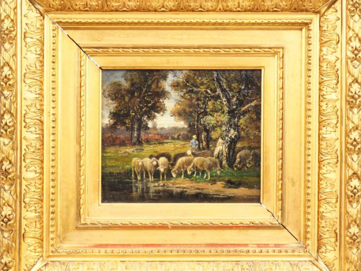 Ecole française XIXème. "Berger et son troupeau". Huile sur panneau. D