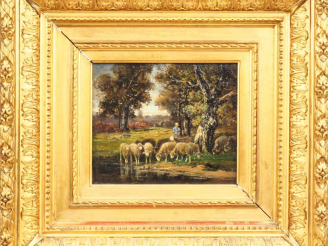 Vente aux enchères Ecole française XIXème. "Berger et son troupeau". Huile sur panneau. D