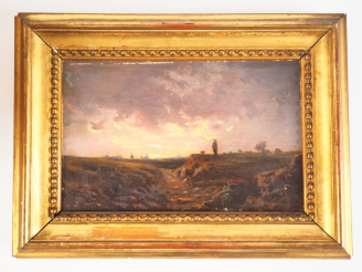 Vente aux enchères Ecole française XIXème. "Berger au coucher du soleil". Huile sur panne