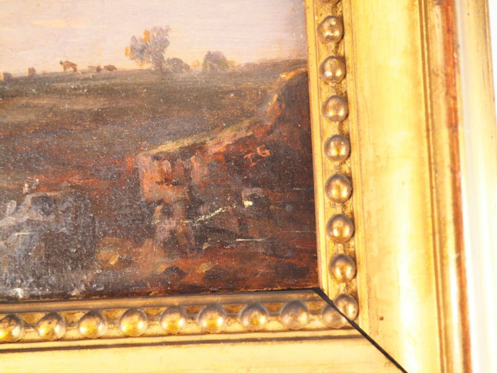 Ecole française XIXème. "Berger au coucher du soleil". Huile sur panne