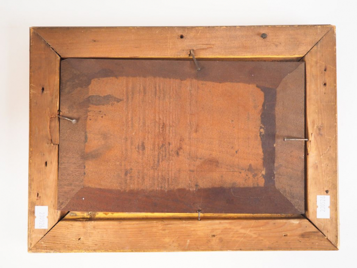 Ecole française XIXème. "Berger au coucher du soleil". Huile sur panne