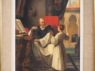 Vente aux enchères Victorine CAVALIE. "Prêtre et enfant de choeur". Huile sur toile, sign