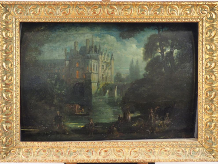 Ecole française XIXème ( d'après Hubert Robert) "Paysage lacustre". Hu