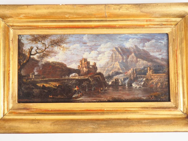 Ecole française XIXème. "Barques de pêche près d'un barrage". Huile su