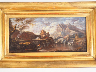 Vente aux enchères Ecole française XIXème. "Barques de pêche près d'un barrage". Huile su