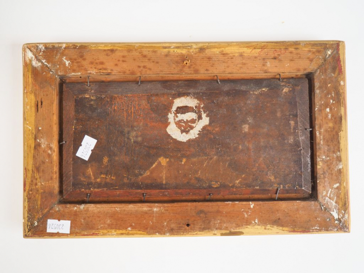 Ecole française XIXème. "Barques de pêche près d'un barrage". Huile su