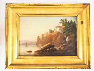 Vente aux enchères Ecole italienne XIXème. "La cote vue du rivage". Huile sur toile marou