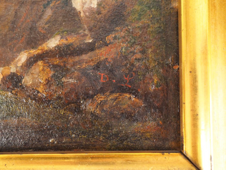 Ecole italienne XIXème. "La cote vue du rivage". Huile sur toile marou