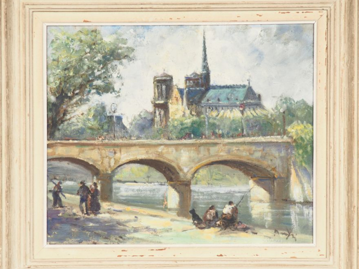 Ecole française Xxème. "Notre Dame de Paris vue de la Seine". Huile su