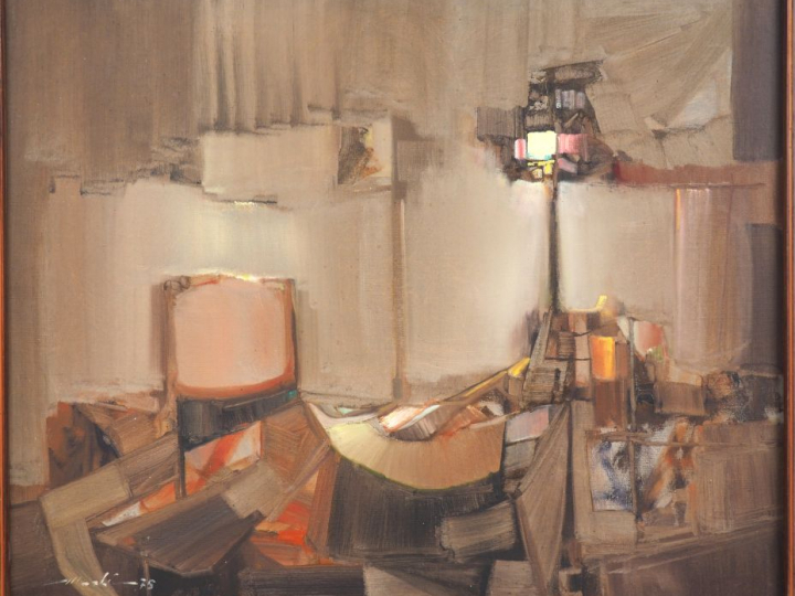 Ecole française Xxème. "Intérieur". Huile sur toile, signée en bas à g