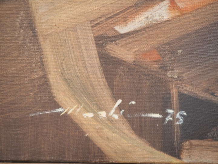 Ecole française Xxème. "Intérieur". Huile sur toile, signée en bas à g