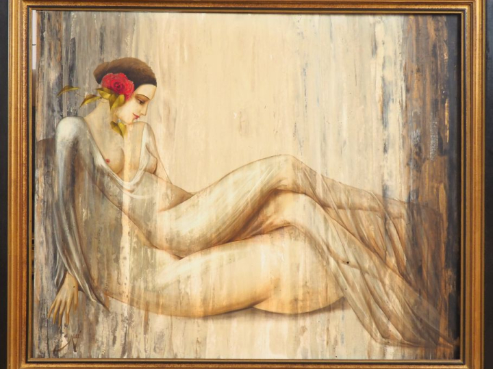 Philippe AUGE. "Jeune fille à la rose". Huile sur toile, signée en bas